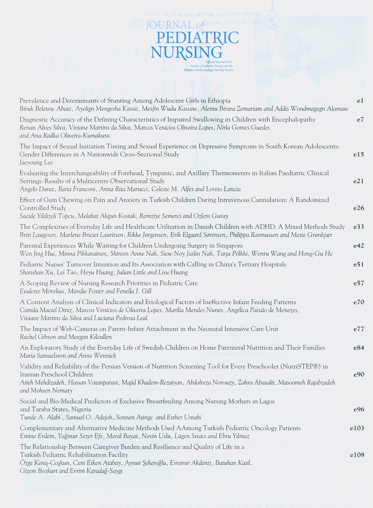 Journal of Pediatric Nursing (MayJune 2020) Current Contents Service